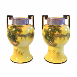 Matched Pair of Antique Early 1920s Noritake Hand-Painted with Individual Brushstroke Landscape Vases