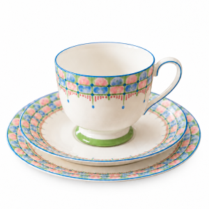 Aynsley 1937 Art Deco Bone China Tea Trio - Handpainted Geometric Lattice Border